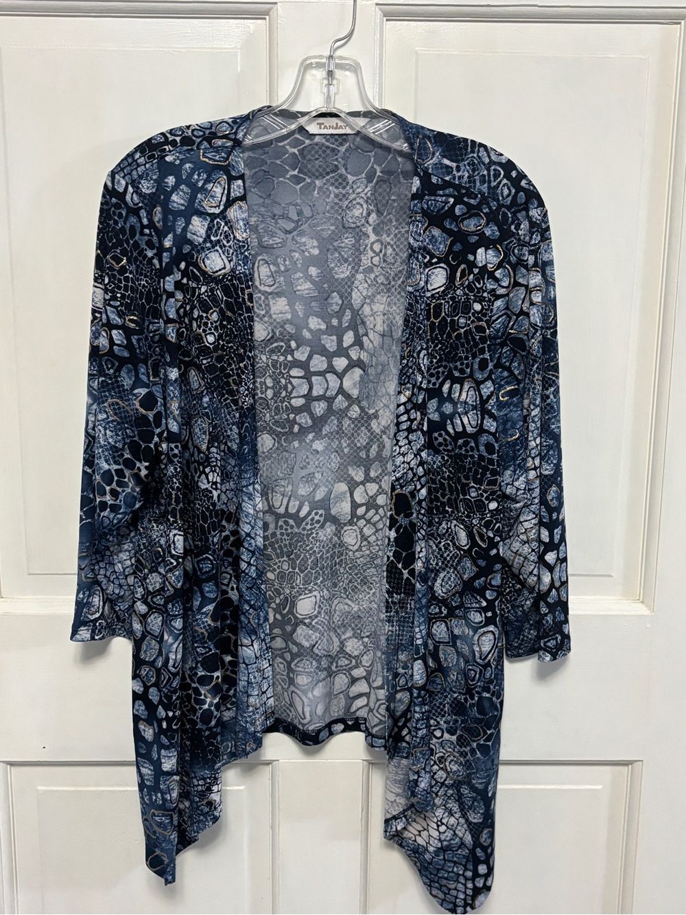 Women’s TanJay Blue Gold Snakeskin Pattern Open-Front Asymmetrical Cardigan M/L